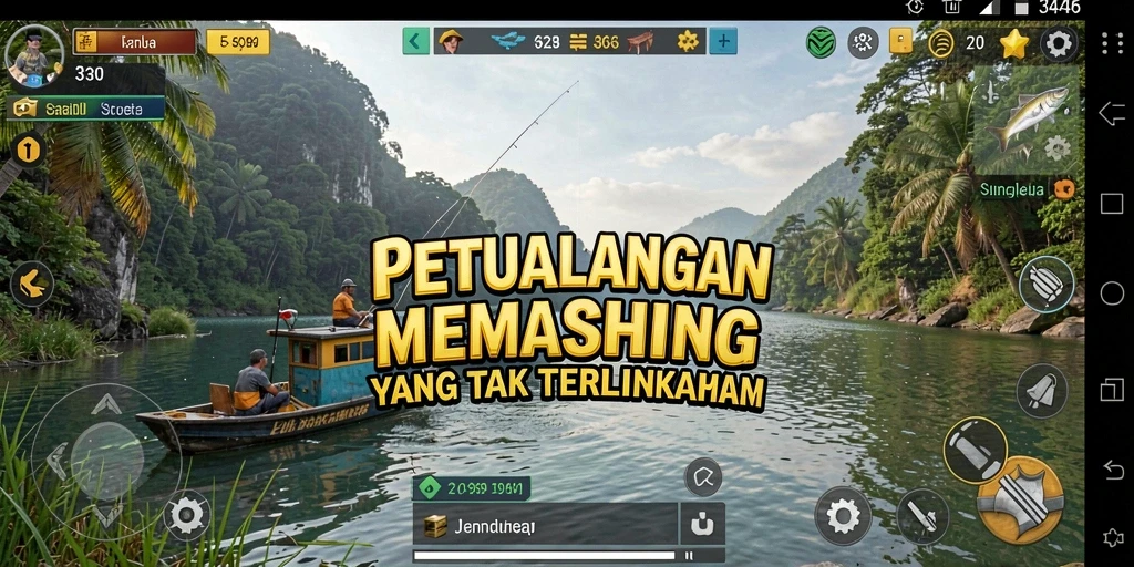 Screenshot gameplay dari 3446 menunjukkan momen menangkap ikan besar.