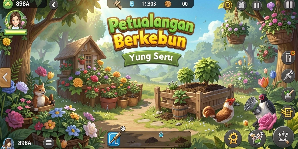 Screenshot gameplay 898A yang menunjukkan kebun yang subur.
