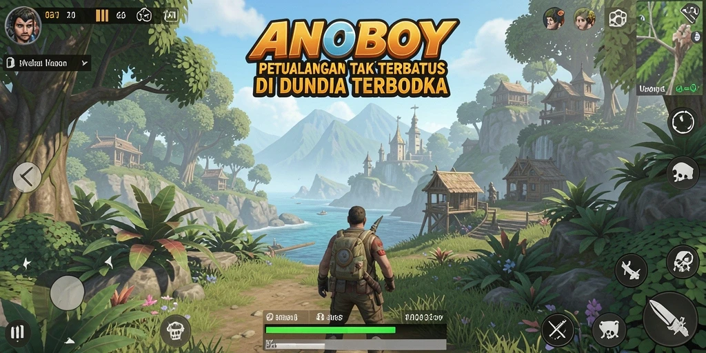 Screenshot ANOBOY menampilkan petualangan seru di dunia terbuka.
