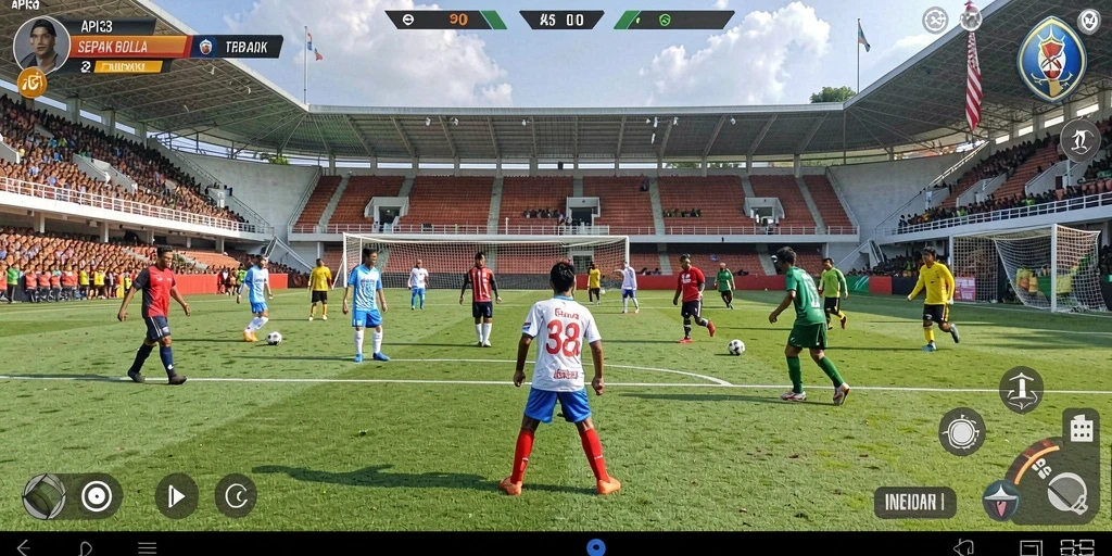 Screenshot gameplay API33 yang menampilkan aksi sepak bola seru.