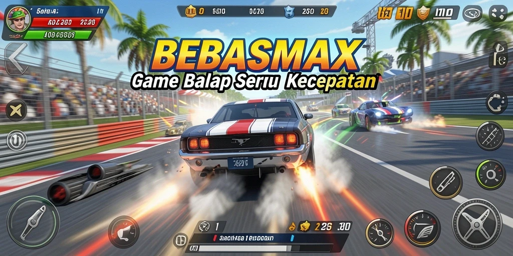 Screenshot utama BEBASMAX menampilkan aksi balap yang mendebarkan.