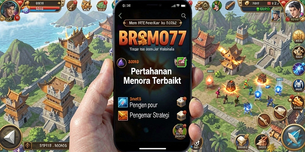 Screenshot utama BROMO77 menampilkan pertahanan menara yang intens.