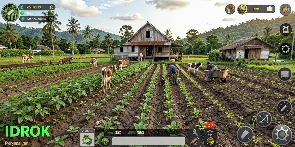 Gameplay seru dalam IDROK dengan berbagai pilihan tanaman dan hewan ternak.