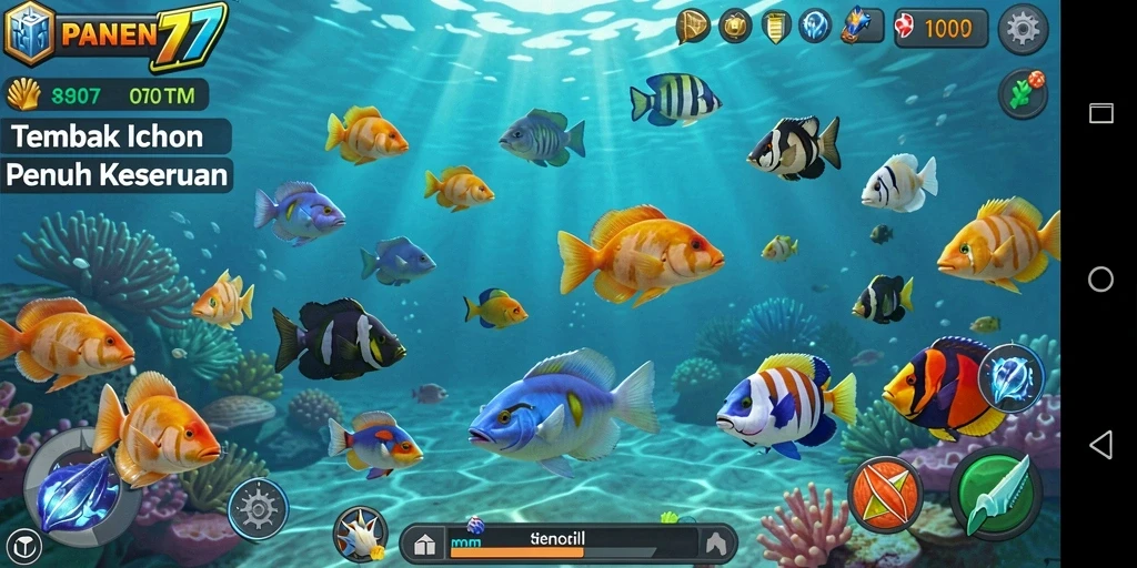 Tampilan layar permainan PANEN77 saat menangkap ikan berwarna-warni.
