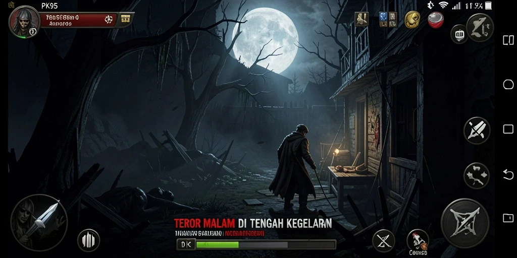 Screenshot gameplay PK95 menampilkan suasana horor yang mencekam.
