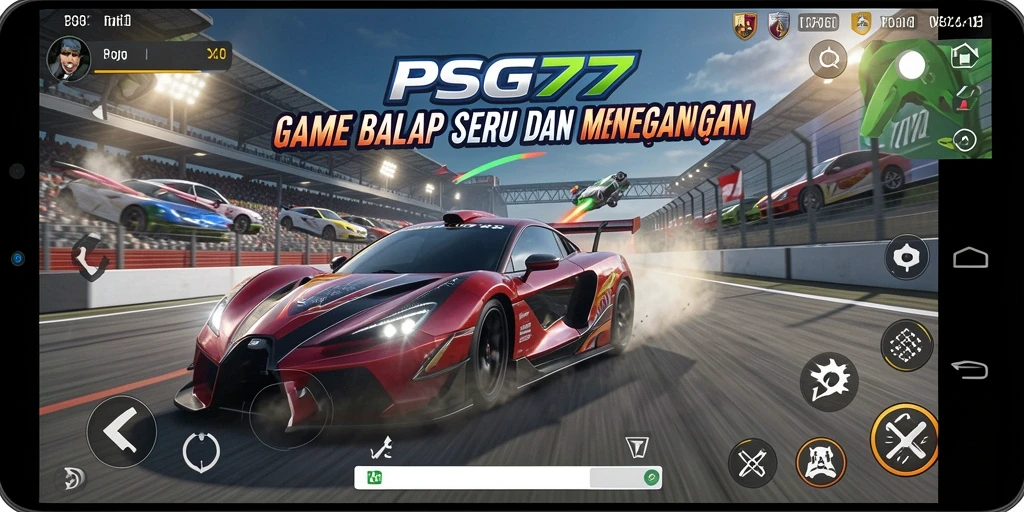 Screenshot utama PSG77 yang menampilkan balapan seru di lintasan.