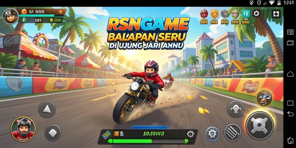 Tangkapan layar gameplay RSNGAME dengan mobil balap yang melaju cepat.