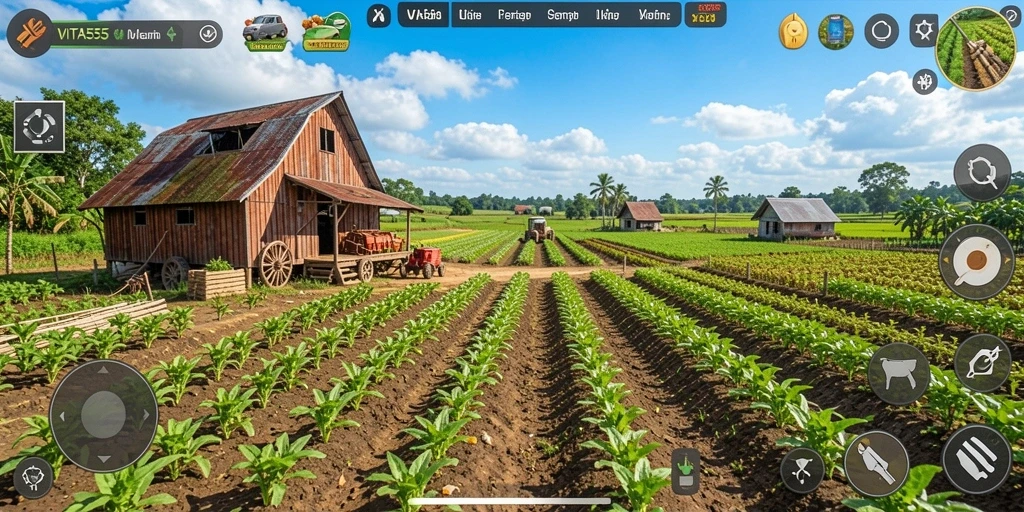 Tampilan gameplay VITA555 dengan lahan pertanian yang subur dan tanaman yang tumbuh.